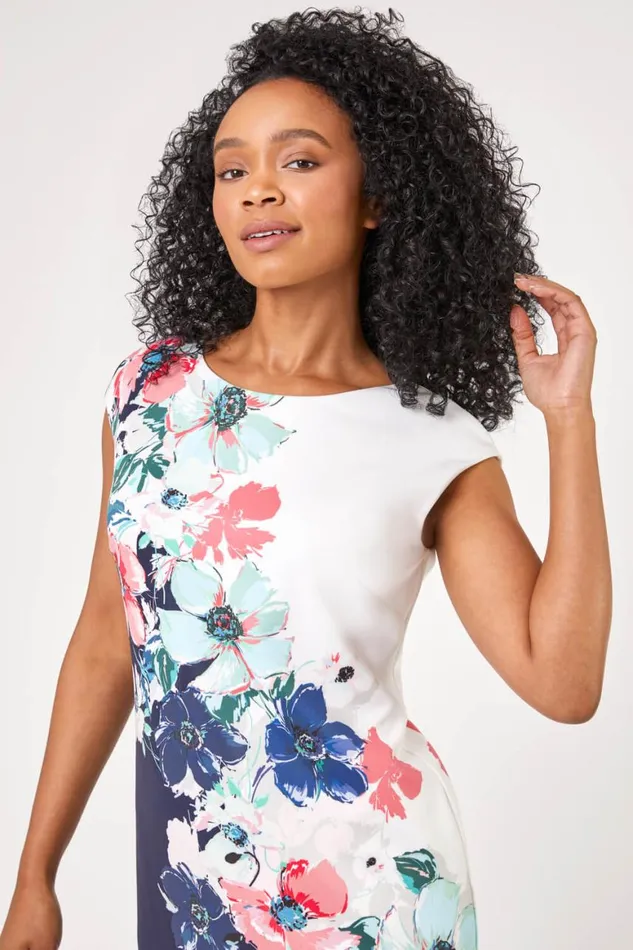 Women Navy Petite Floral Print Premium Stretch Dress Roman Dresses