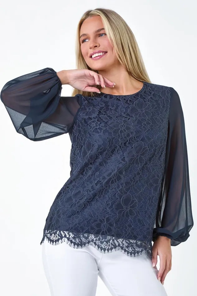 Women Navy Petite Lace Chiffon Sleeve Top Roman Tops