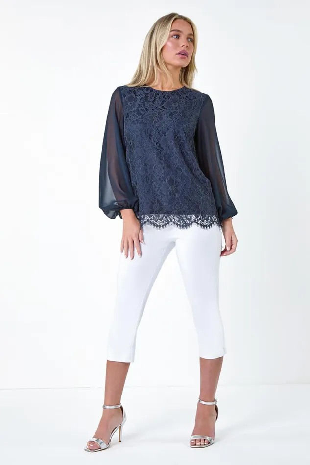 Women Navy Petite Lace Chiffon Sleeve Top Roman Tops