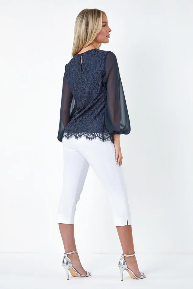 Women Navy Petite Lace Chiffon Sleeve Top Roman Tops