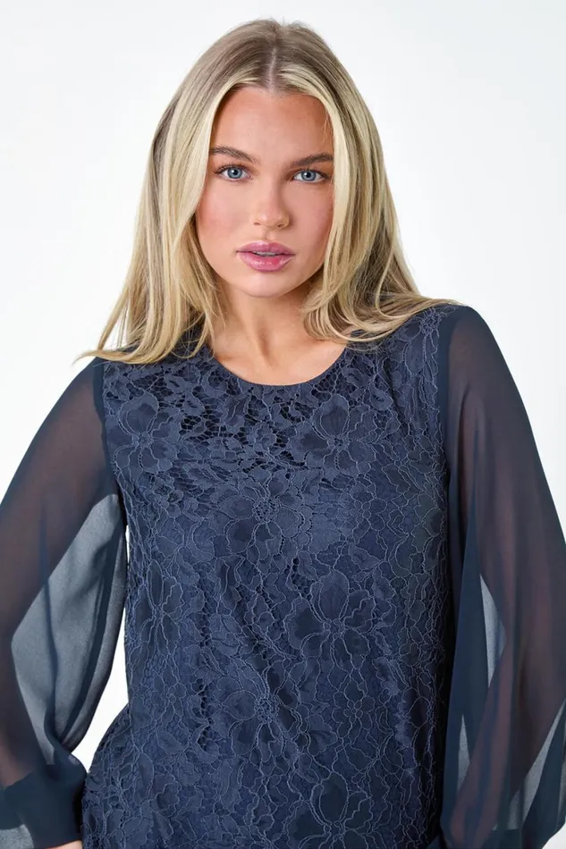 Women Navy Petite Lace Chiffon Sleeve Top Roman Tops