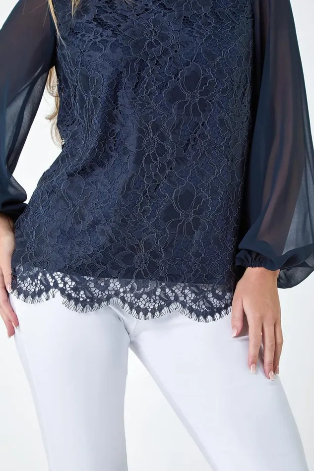 Women Navy Petite Lace Chiffon Sleeve Top Roman Tops