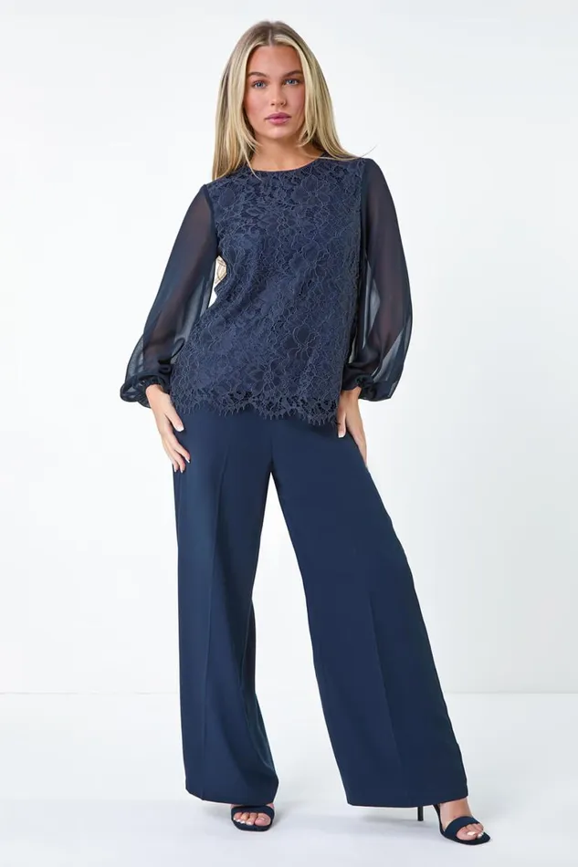 Women Navy Petite Lace Chiffon Sleeve Top Roman Tops