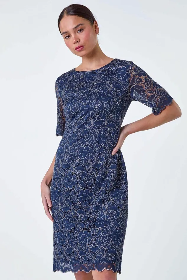 Women Navy Petite Lace Overlay Shift Dress Roman Dresses