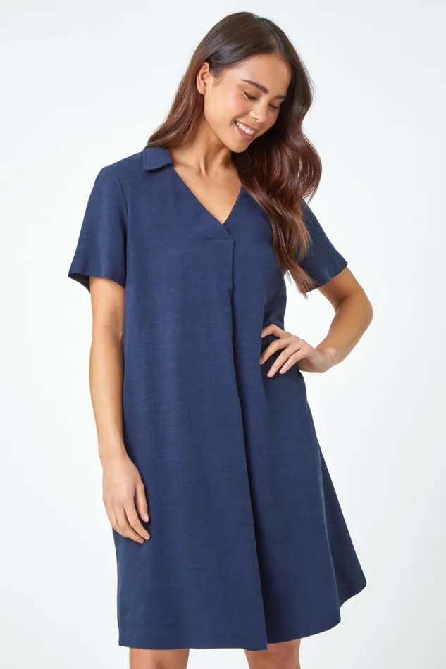 Women Navy Petite Linen Blend Pocket Tunic Dress Roman Dresses