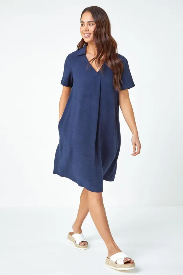Women Navy Petite Linen Blend Pocket Tunic Dress Roman Dresses