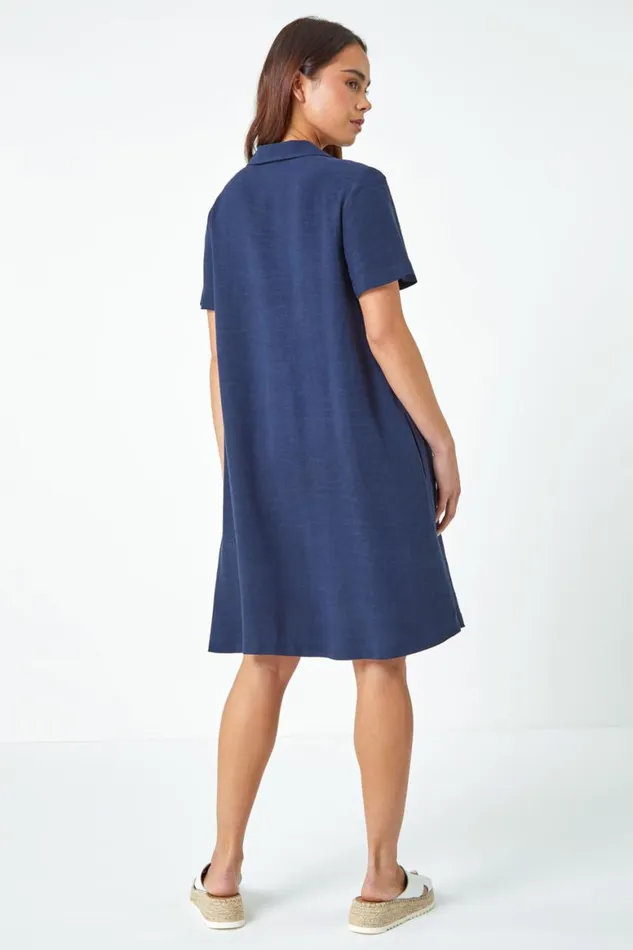 Women Navy Petite Linen Blend Pocket Tunic Dress Roman Dresses