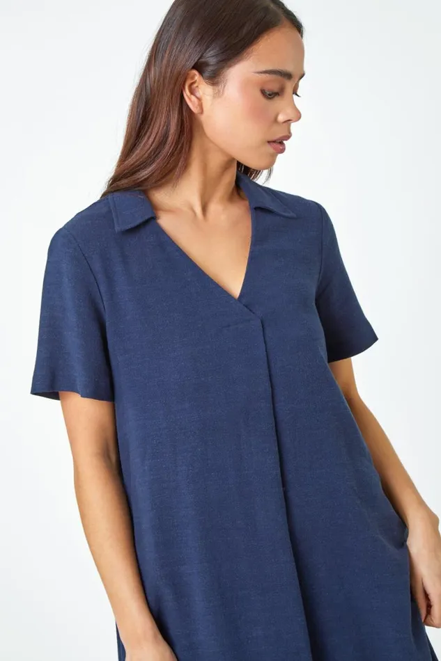Women Navy Petite Linen Blend Pocket Tunic Dress Roman Dresses