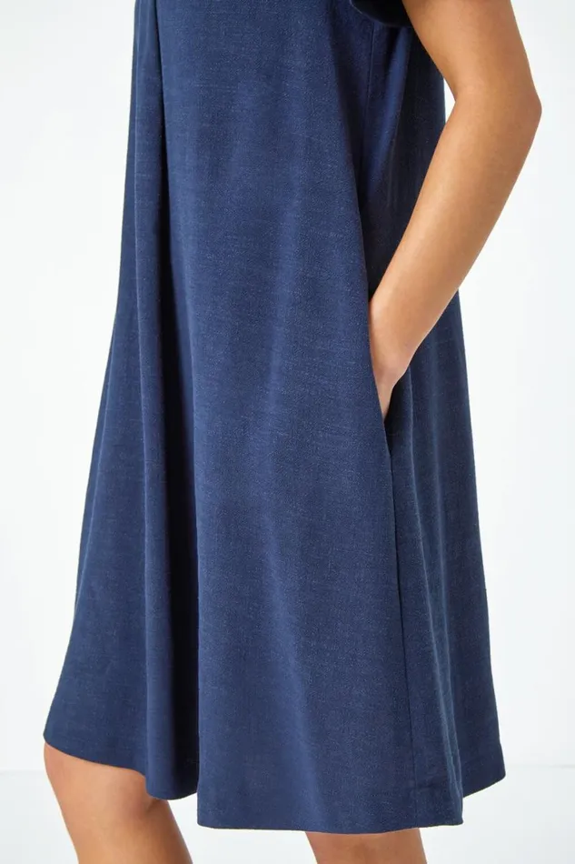 Women Navy Petite Linen Blend Pocket Tunic Dress Roman Dresses