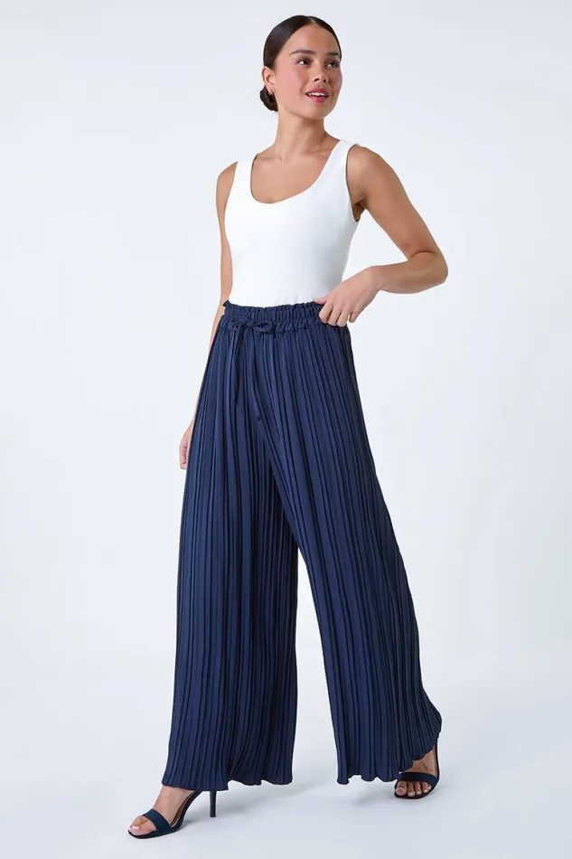 Women Navy Petite Pleated Elastic Waist Wide Leg Trousers Roman Trousers