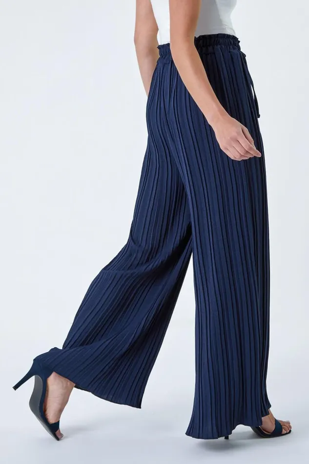 Women Navy Petite Pleated Elastic Waist Wide Leg Trousers Roman Trousers