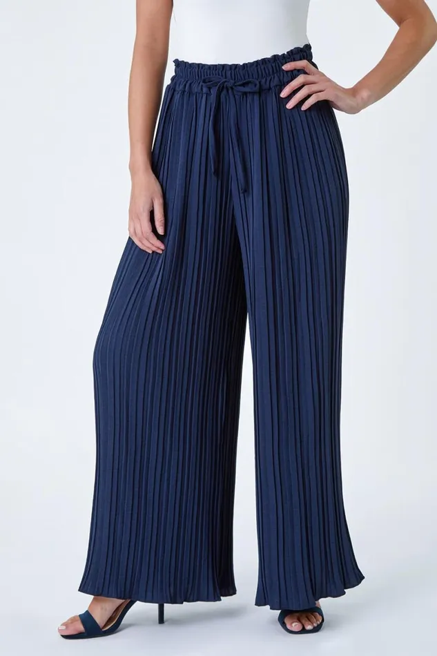 Women Navy Petite Pleated Elastic Waist Wide Leg Trousers Roman Trousers