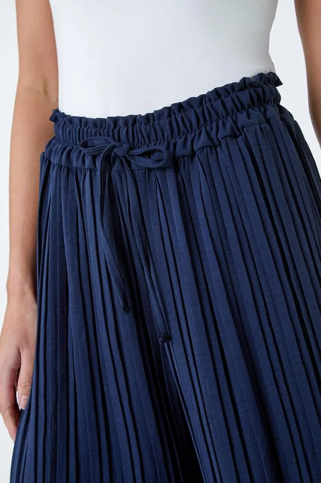 Women Navy Petite Pleated Elastic Waist Wide Leg Trousers Roman Trousers