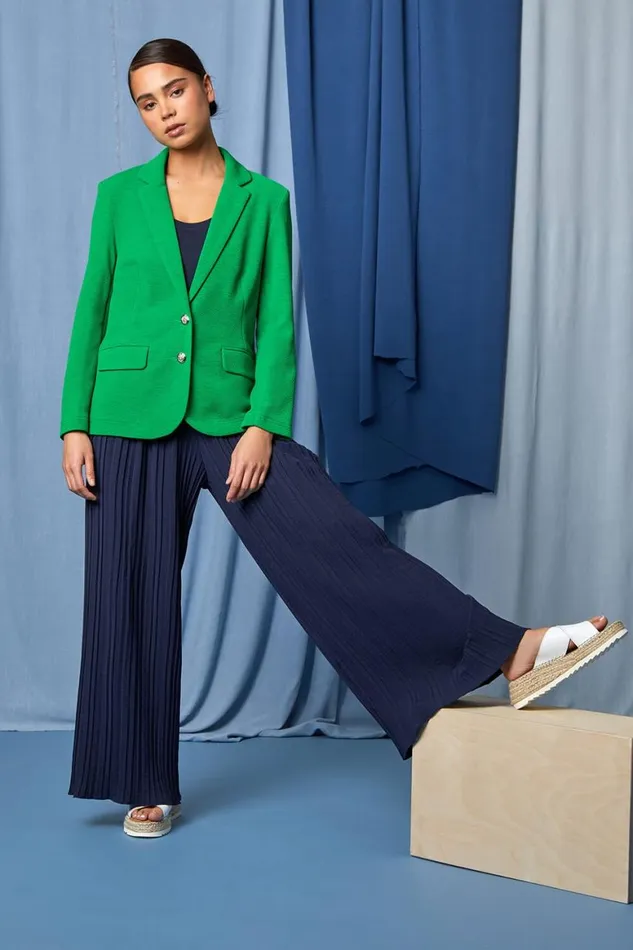 Women Navy Petite Pleated Elastic Waist Wide Leg Trousers Roman Trousers