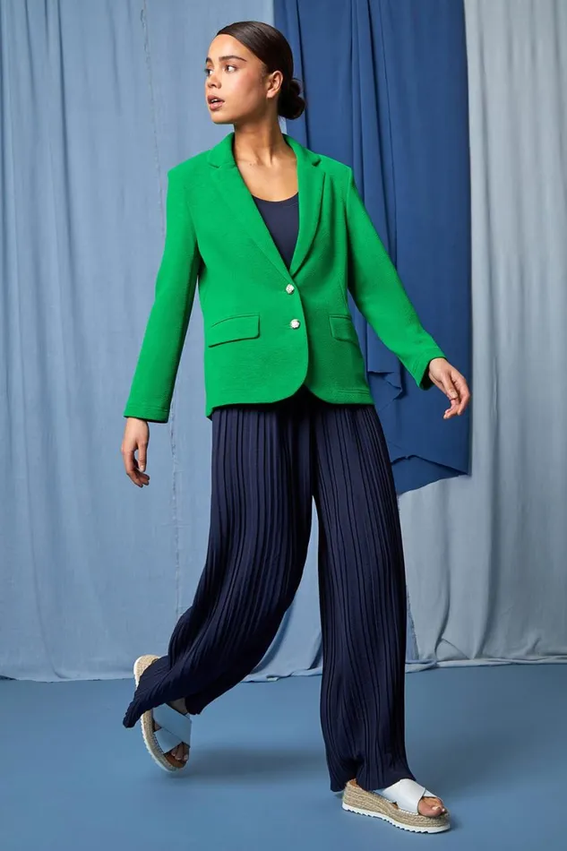 Women Navy Petite Pleated Elastic Waist Wide Leg Trousers Roman Trousers