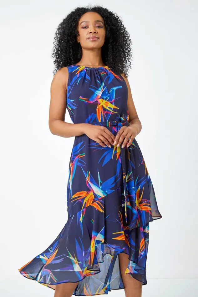 Women Navy Petite Sleeveless Frill Hem Midi Dres Roman Dresses