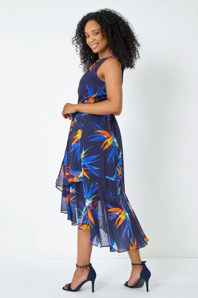 Women Navy Petite Sleeveless Frill Hem Midi Dres Roman Dresses