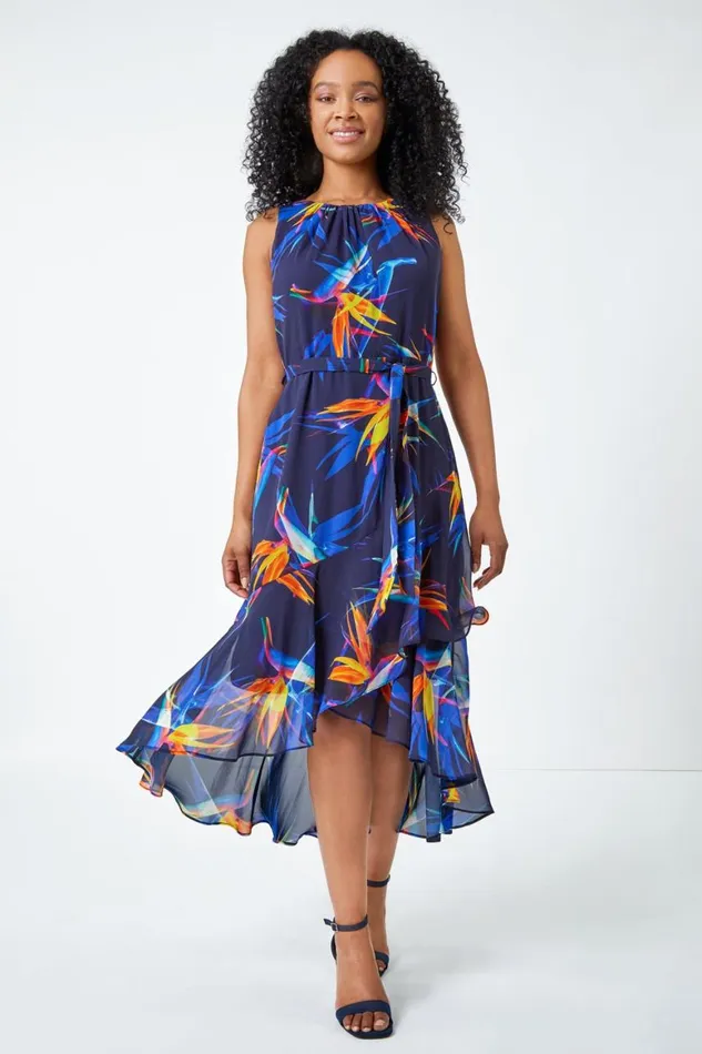 Women Navy Petite Sleeveless Frill Hem Midi Dres Roman Dresses