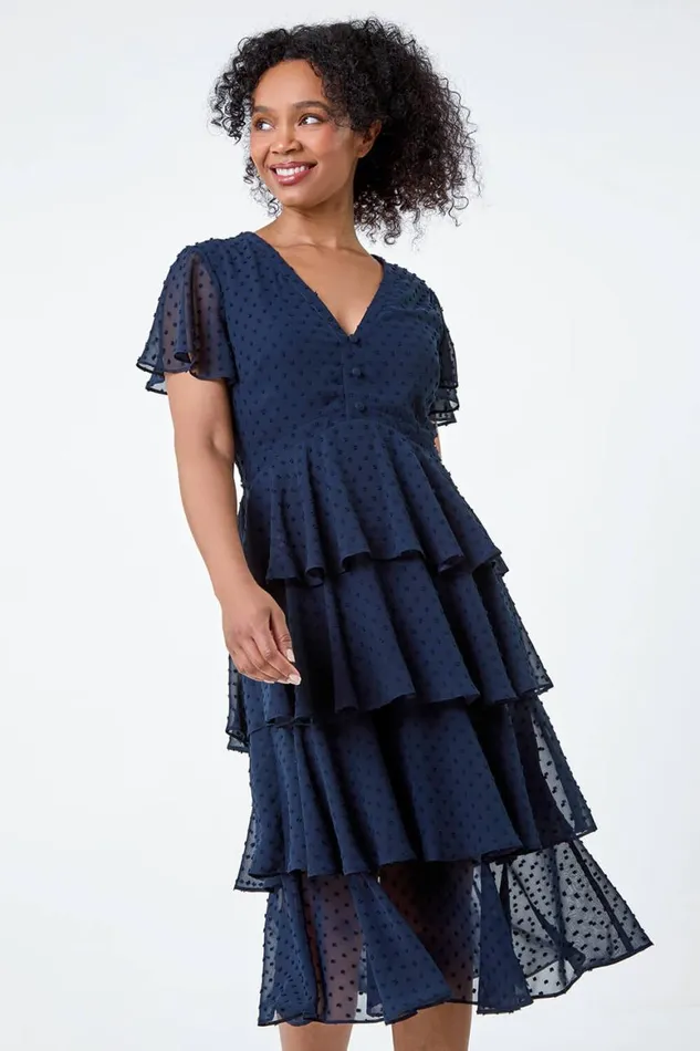 Women Navy Petite Textured Spot Tiered Midi Dress Roman Dresses