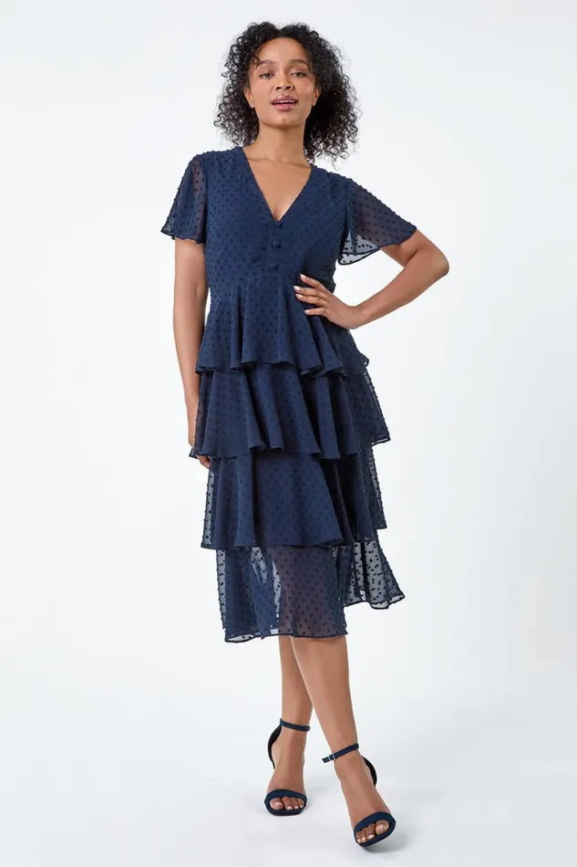 Women Navy Petite Textured Spot Tiered Midi Dress Roman Dresses