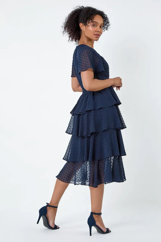 Women Navy Petite Textured Spot Tiered Midi Dress Roman Dresses