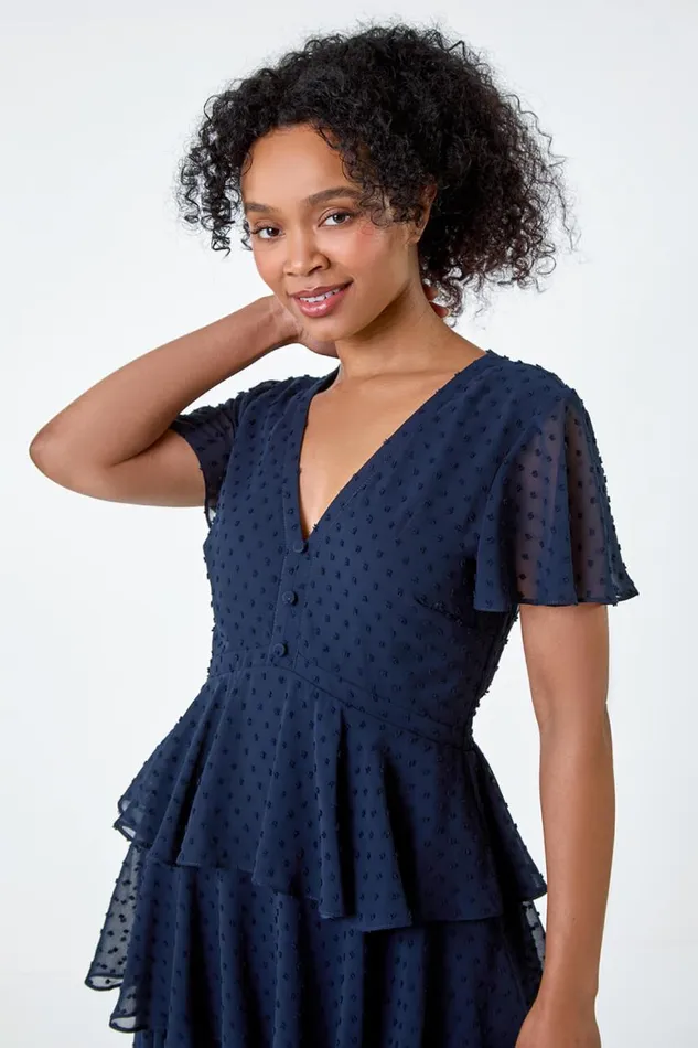 Women Navy Petite Textured Spot Tiered Midi Dress Roman Dresses