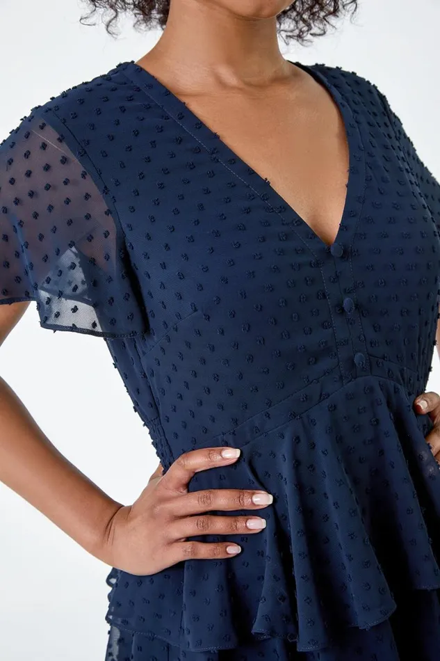 Women Navy Petite Textured Spot Tiered Midi Dress Roman Dresses