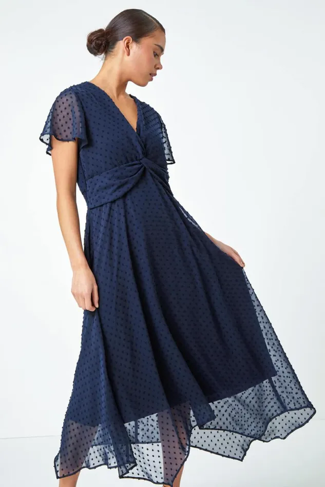 Women Navy Petite Textured Spot Twist Front Midi Dress Roman Dresses