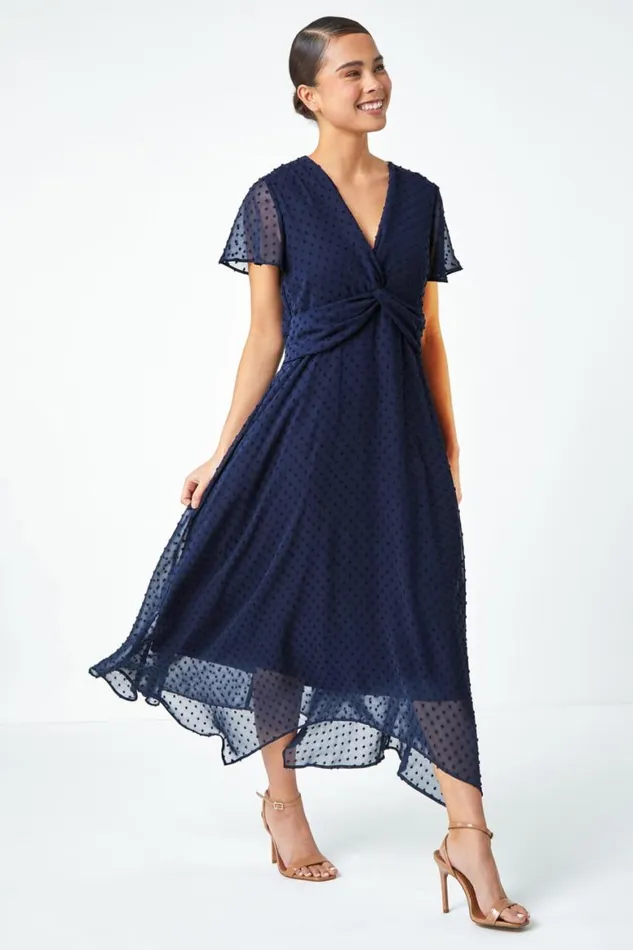 Women Navy Petite Textured Spot Twist Front Midi Dress Roman Dresses