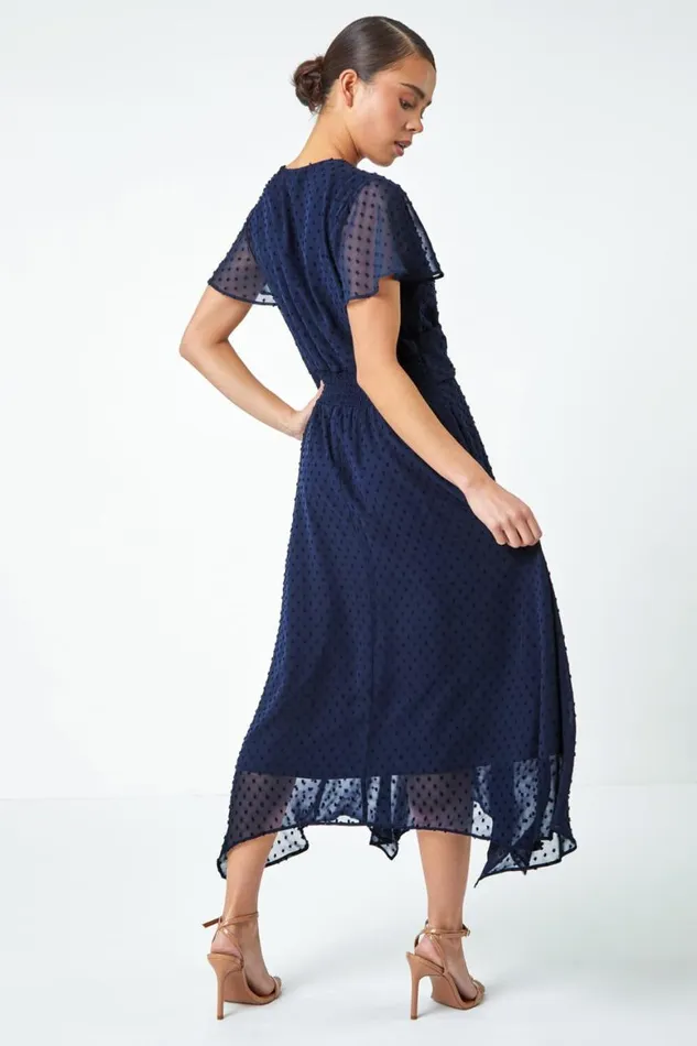 Women Navy Petite Textured Spot Twist Front Midi Dress Roman Dresses
