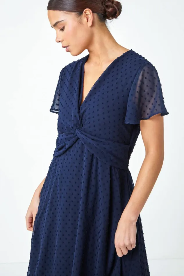 Women Navy Petite Textured Spot Twist Front Midi Dress Roman Dresses