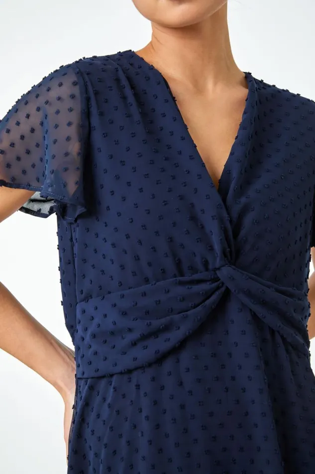 Women Navy Petite Textured Spot Twist Front Midi Dress Roman Dresses