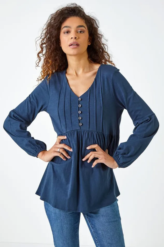 Women Navy Pleated Smock Tunic Top Roman Tops