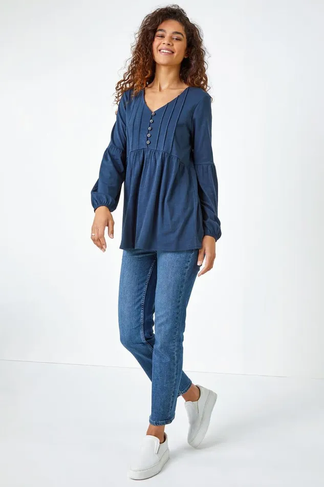 Women Navy Pleated Smock Tunic Top Roman Tops