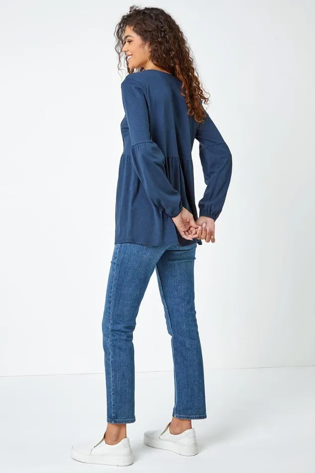Women Navy Pleated Smock Tunic Top Roman Tops