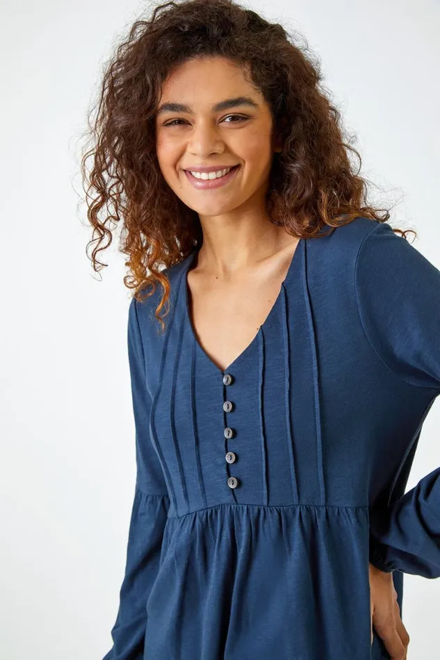 Women Navy Pleated Smock Tunic Top Roman Tops