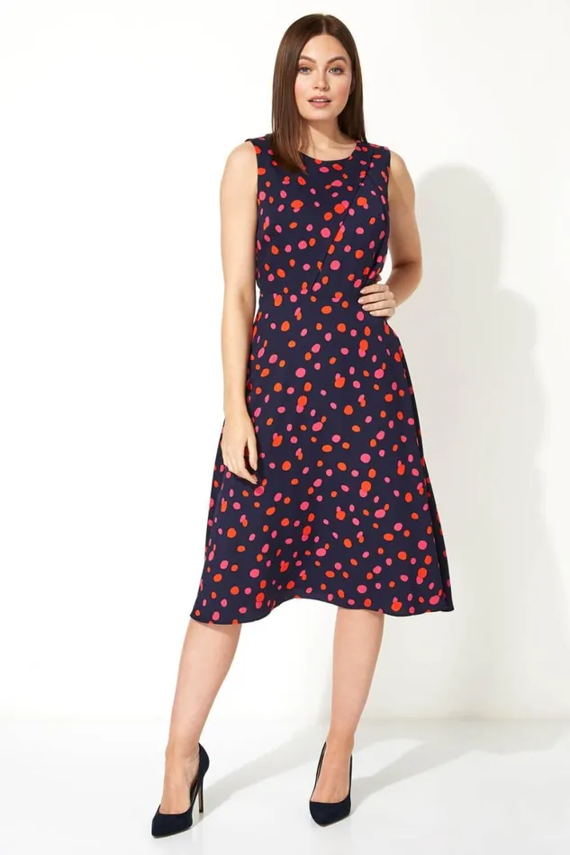 Women Navy Polka Dot Fit And Flare Dress Roman Dresses