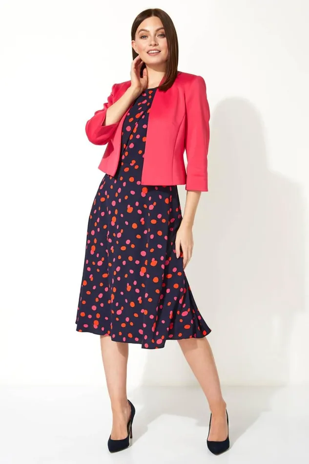 Women Navy Polka Dot Fit And Flare Dress Roman Dresses