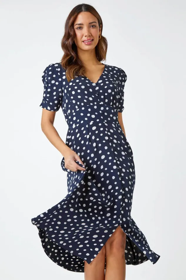 Women Navy Polka Dot Ruched Sleeve Midi Dress Roman Dresses