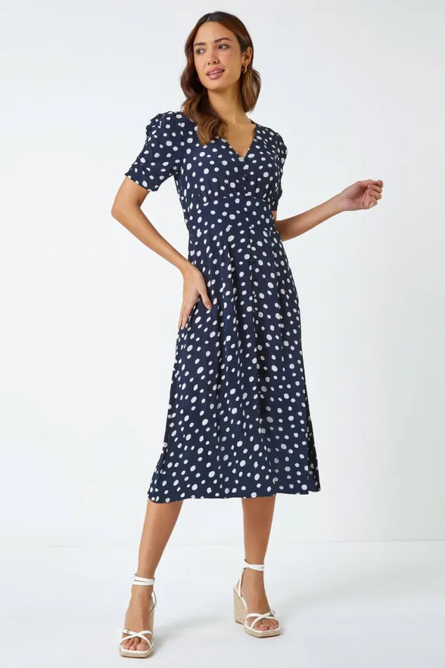 Women Navy Polka Dot Ruched Sleeve Midi Dress Roman Dresses