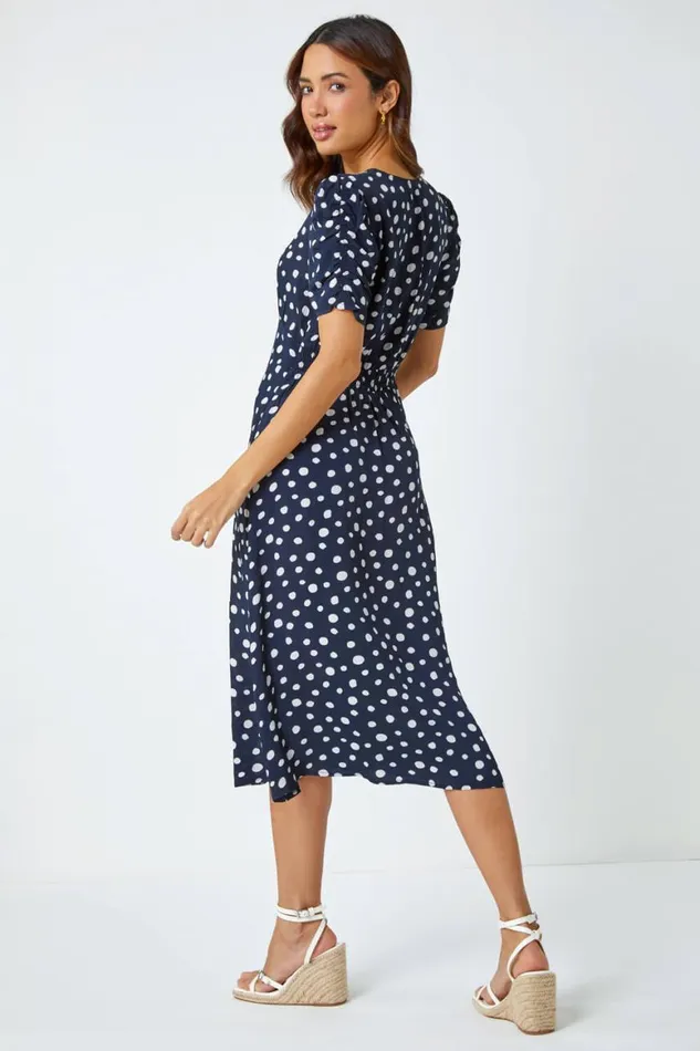 Women Navy Polka Dot Ruched Sleeve Midi Dress Roman Dresses