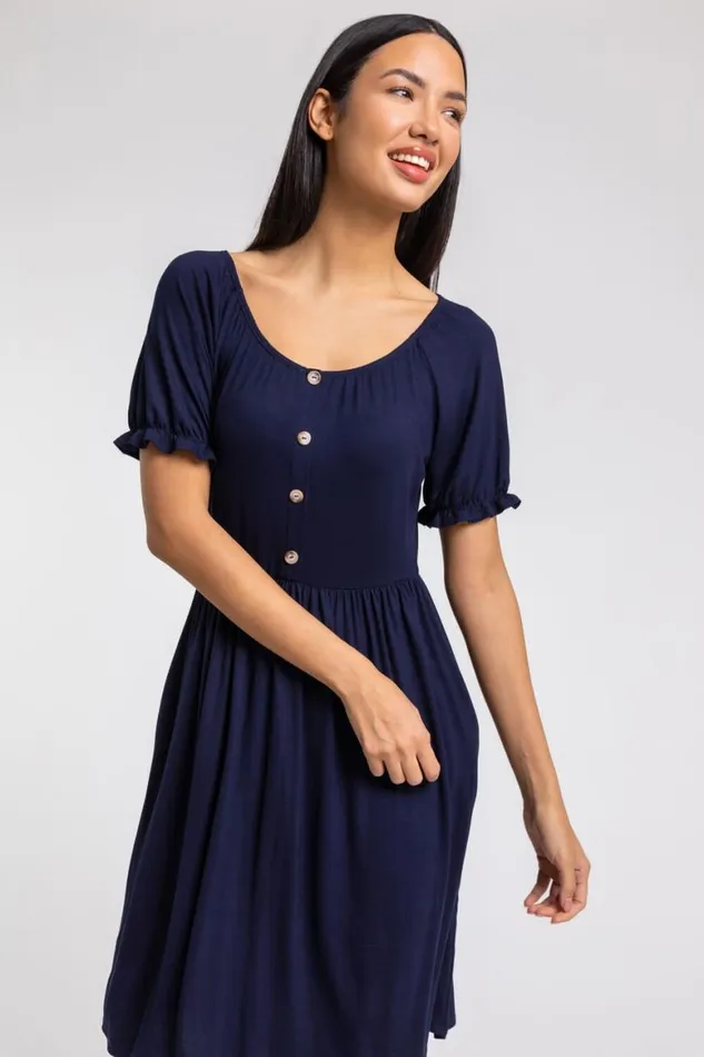 Women Navy Puff Sleeve Buttoned Jersey Dress Roman Dresses
