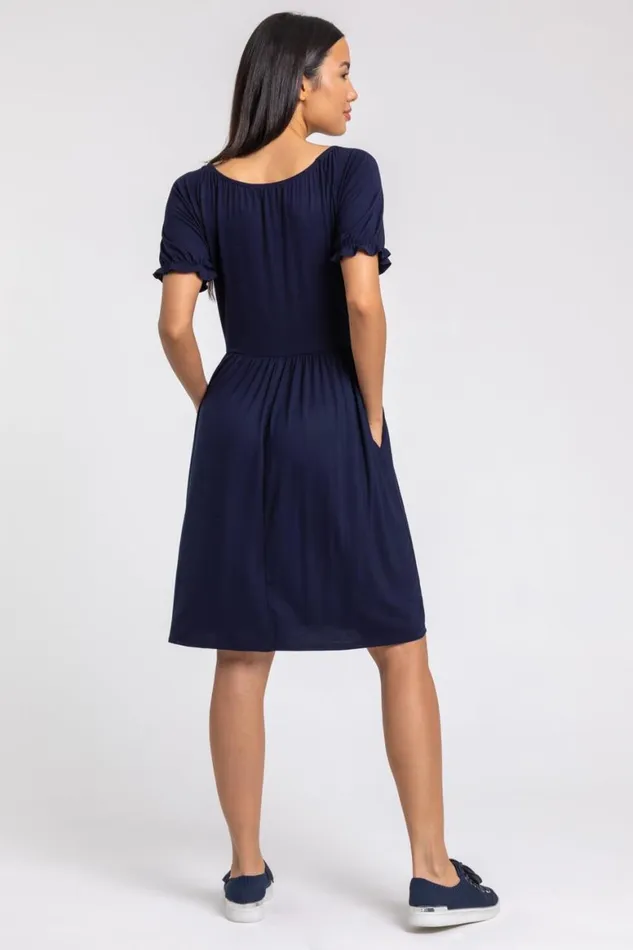 Women Navy Puff Sleeve Buttoned Jersey Dress Roman Dresses