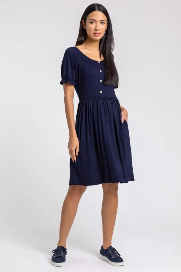 Women Navy Puff Sleeve Buttoned Jersey Dress Roman Dresses