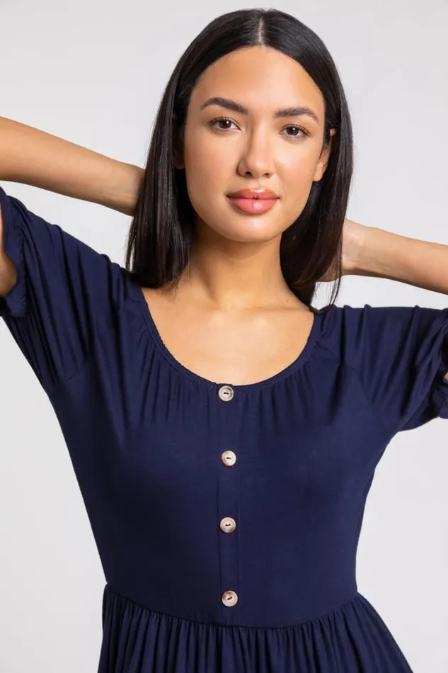 Women Navy Puff Sleeve Buttoned Jersey Dress Roman Dresses