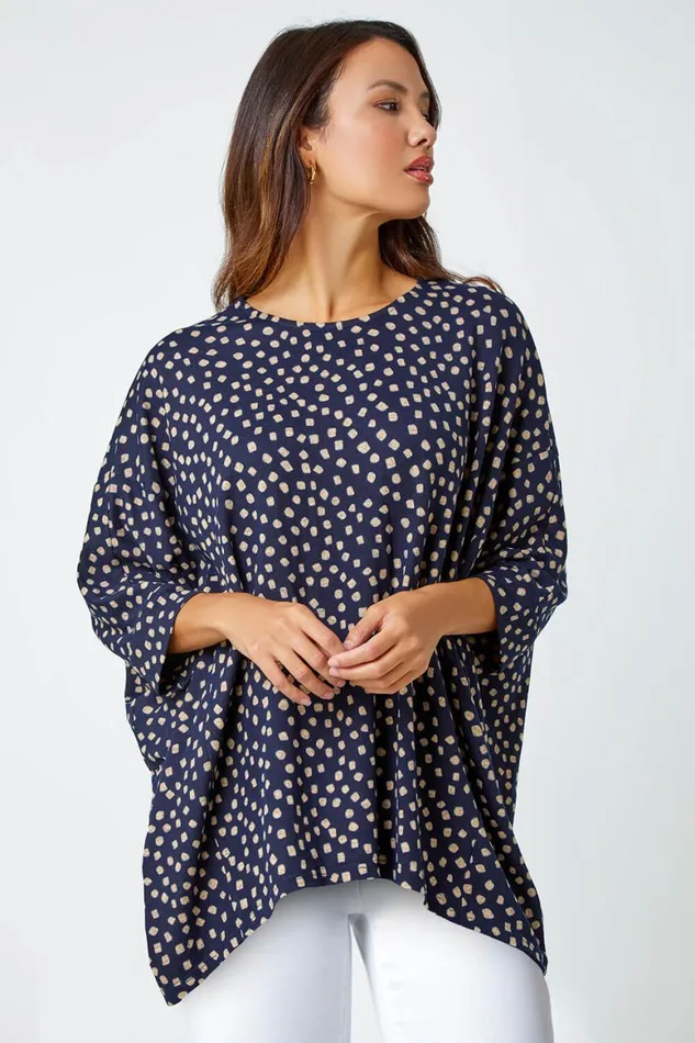 Women Navy Spot Print Hanky Hem Stretch Top Roman Tops