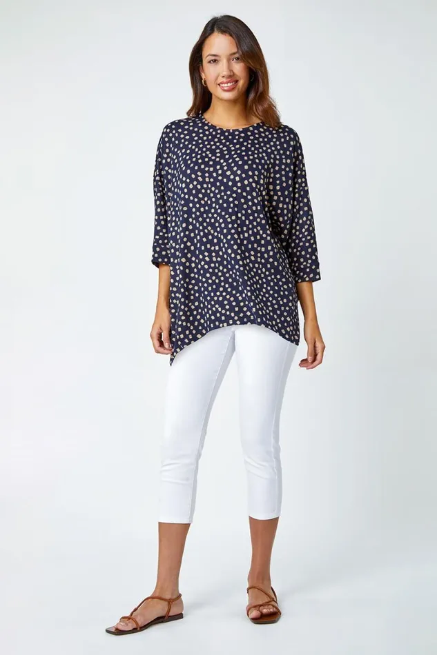 Women Navy Spot Print Hanky Hem Stretch Top Roman Tops