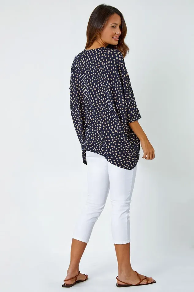 Women Navy Spot Print Hanky Hem Stretch Top Roman Tops