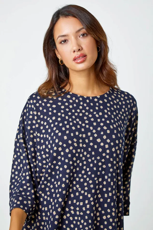 Women Navy Spot Print Hanky Hem Stretch Top Roman Tops