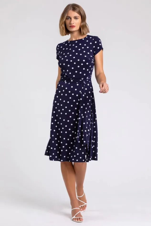 Women Navy Spot Print Jersey Stretch Dress Roman Dresses